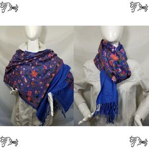 Royal Blue Embroidered Kashmir 100% Wool Scarf